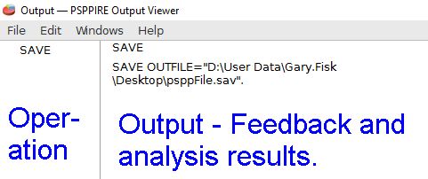 The output view of PSPP. The operations are listed on the left. The details such as feedback and the results of an analysis are shown on the right.