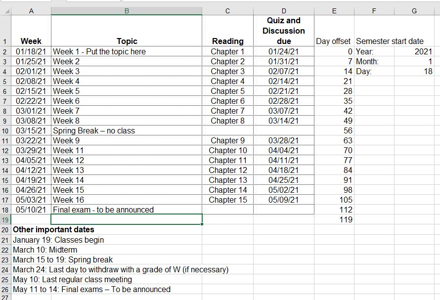 Screenshot of the course calendar tool