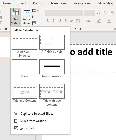 PowerPoint menu for formatting assertion evidence slides