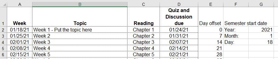 A screen shot of the course weekly calendar spreadsheet.