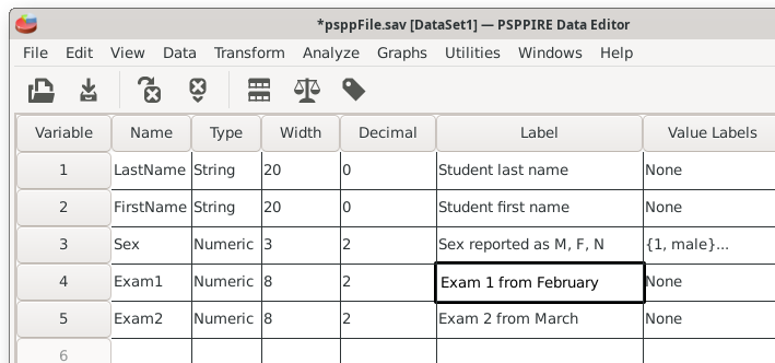The variable view with an overview showing enteries for last name, first name, sex, Exam1, and Exam2.