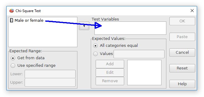 The dialog for the chi square goodness of fit test is shown. Move the variable that codes the group membership to the test variable field.