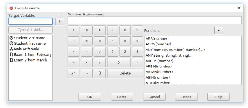 The compute variable dialog box, with target variable field and numeric expression field.