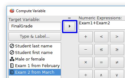 The compute variable dialog box with Final Grade in the target variable field and the variables Exam 1 plus Exam 2 in the numeric expression field.