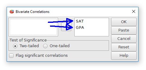 The dialog box for the bivariate correlation command with SAT and GPA variables selected.