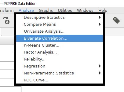 The bivariate correlation command in the Analyze menu