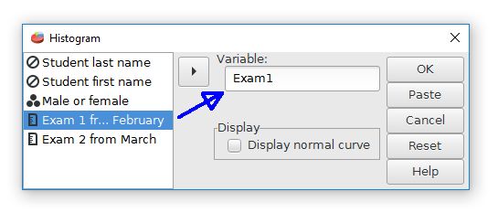 The dialog box for the histogram command is shown. Exam 1 is the chosen variable.