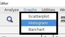 The graph menu showing command options for scatterplot, histogram, and bar chart.