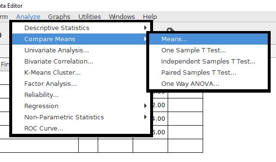 Select the Means command from the Analyze menu, then the compare means folder.