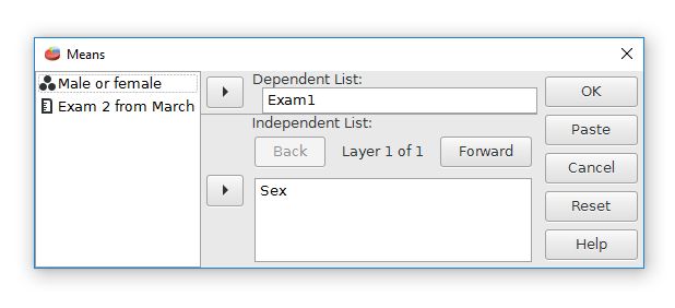 The means dialog box with Exam 1 in the dependent list field and Sex in the independent list.