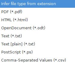 The export options from the export dialog box include pdf, html, opendocument, text, and a few other formats.