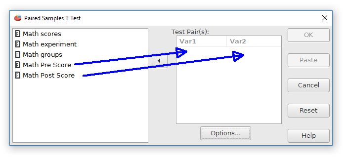 The paired t test dialog box requires two variables to be selected for pairing. Drag these paired variables from the left to the right.