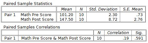 The output of the paired t test analysis showing descriptive statistics for each group.