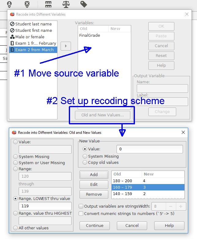 The dialog box for recode into different variables with an example that uses grade cutoff points