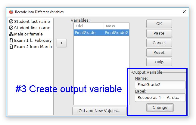 Dialog box for giving the output variable a new name and label.