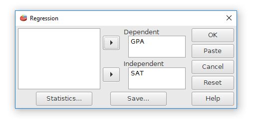 The dialog box for regression with SAT in the independent field and GPA in the dependent field.