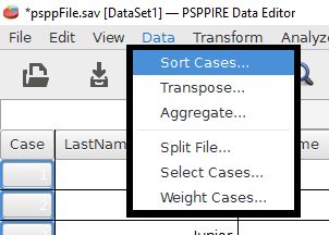 The sort cases command is in the Data drop down menu.