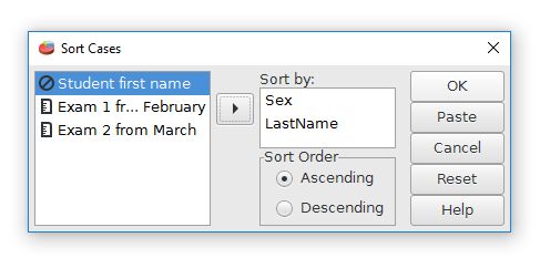 The sort cases dialog box with the Sex and Last name fields entered.