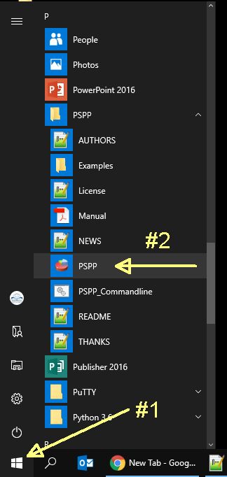 Using the start menu on a computer to launch the PSPP program