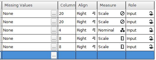 The right side of the variable view contains settings for missing values, column, alignment, measurement scale, and role.