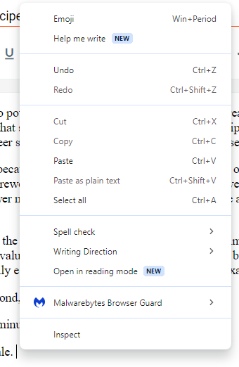 Screenshot of Google's 'help me write' command on a pop-up menu