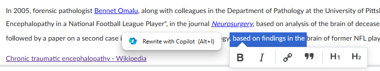 Screenshot of Microsoft Pilot offering to rewrite text